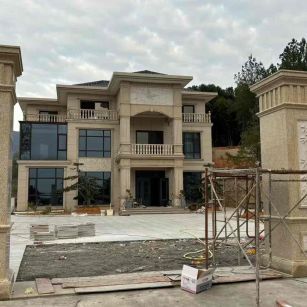 唐山 黄金麻花岗岩别墅雕花外墙干挂配上门口雕花罗马柱