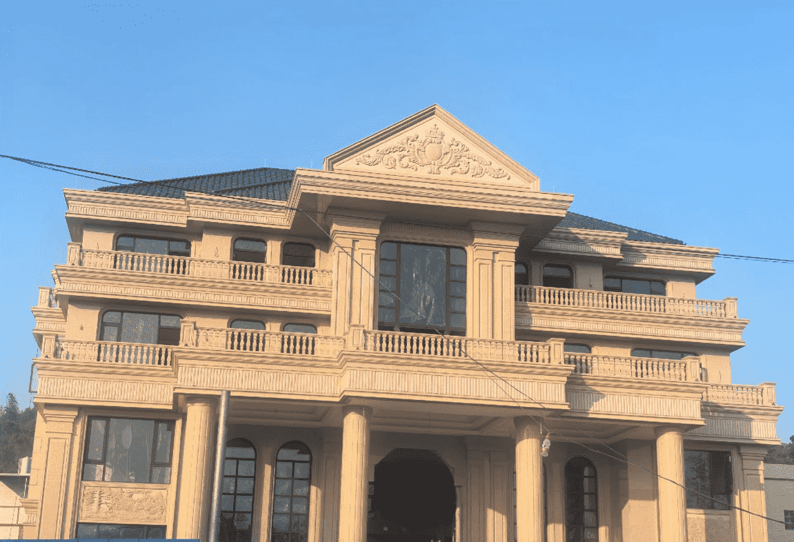 唐山黄金麻别墅外墙干挂石材效果示例